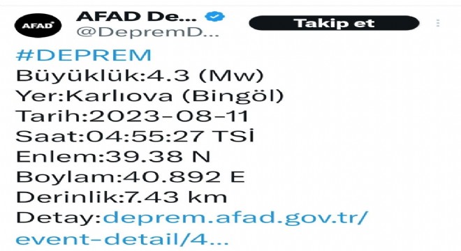 Bingöl de 4.3’lük deprem