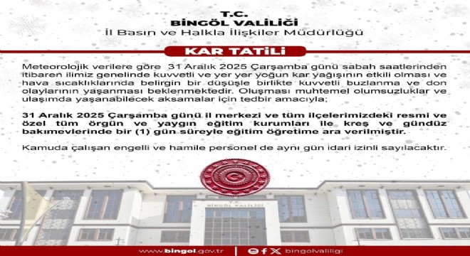 Bingöl’de eğitime 1 gün ara verildi