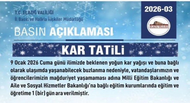 Elazığ’da eğitime 1 gün ara verildi