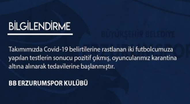 Erzurumspor’da 2 futbolcunun testi pozitif çıktı